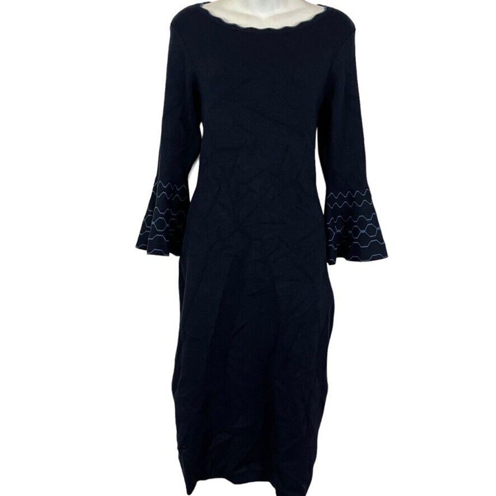 Dressbarn Barn Womens Navy Bell Sleeve Sweater Midi Dress Scalloped Neck sz S